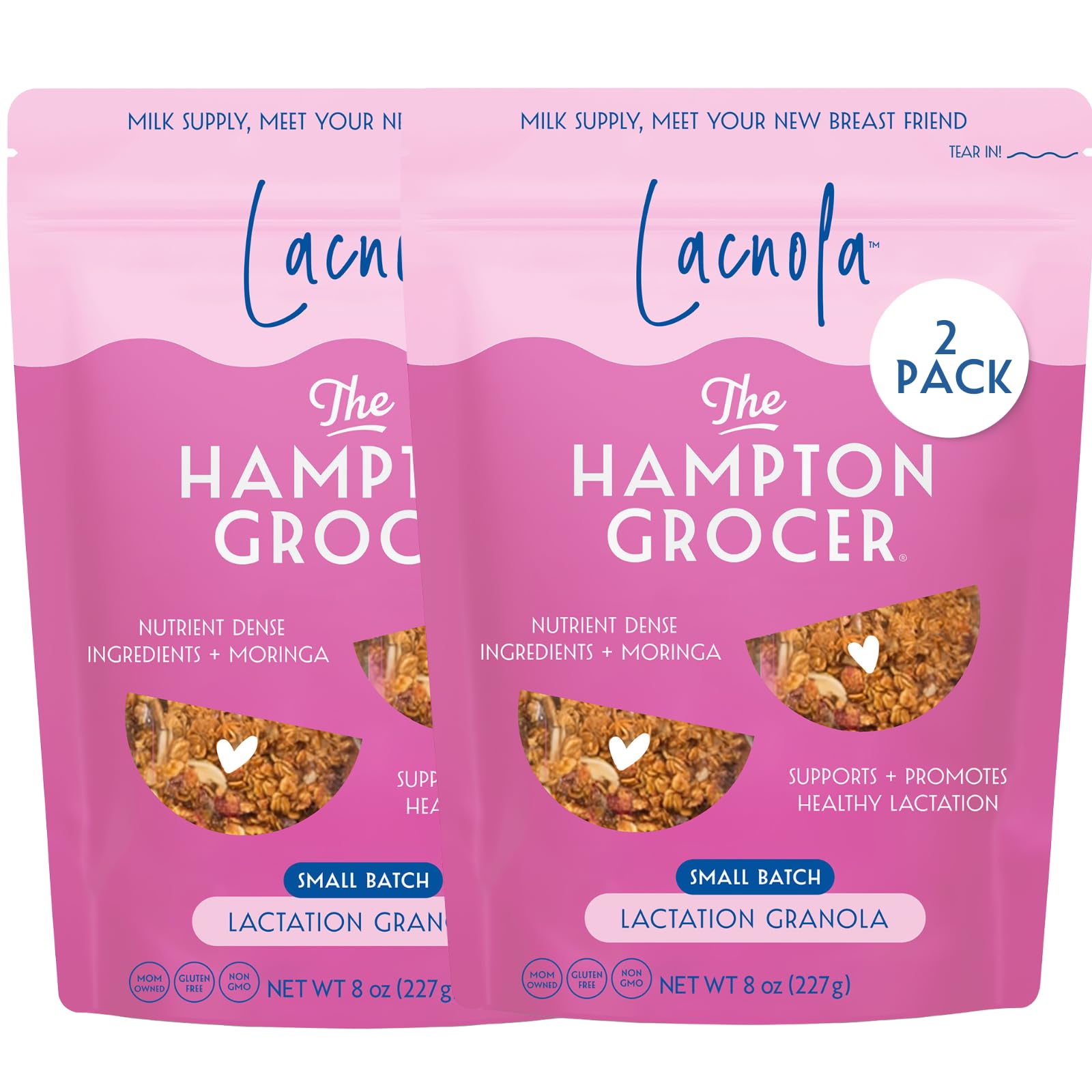 Pink 8-ounce Lacnola Lactation Granola packages from The Hampton Grocer
