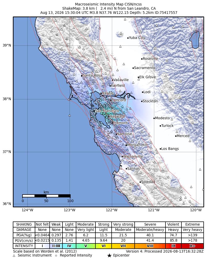USGS ShakeMap of the August 13, 2026 San Leandro earthquake showing estimated shaking intensity around the Bay Area